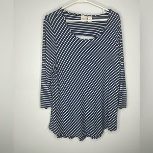 Chico's Womens Size 2 Blue White Stripe Stretch Front Top Cutout Detail Blouse